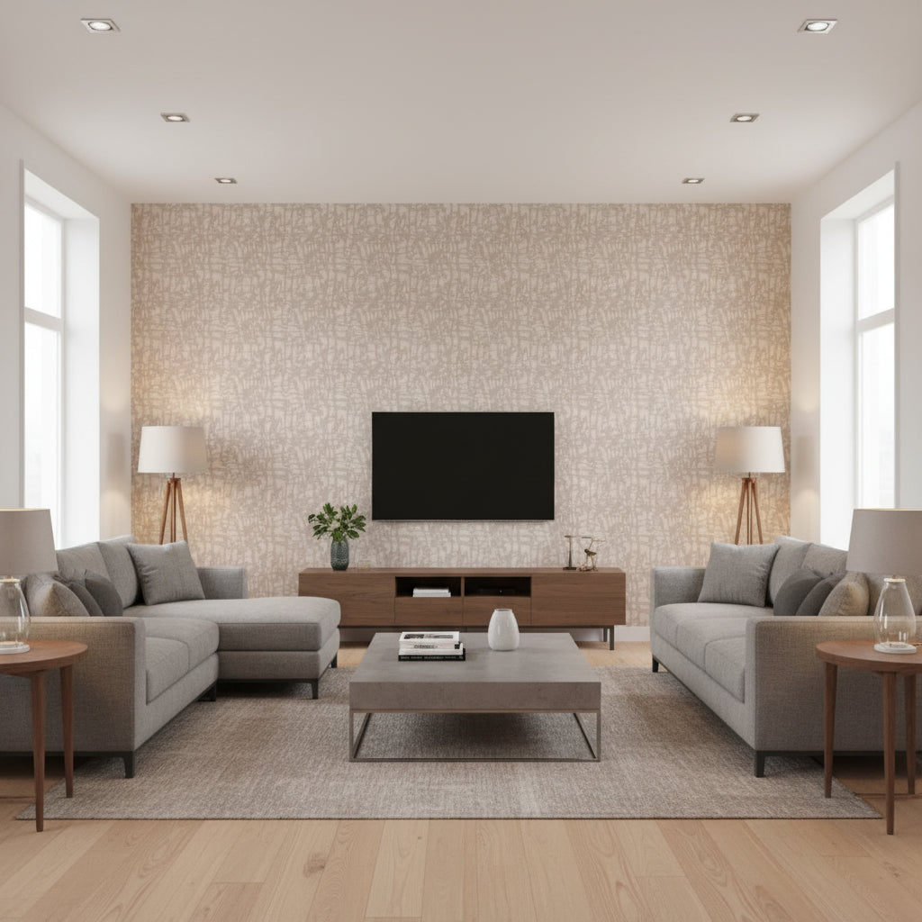 Encompass Romance | Architectural Wallcoverings - Living Room Visualization (AI-generated, may not be to scale. Verify pattern scale with product specifications.)