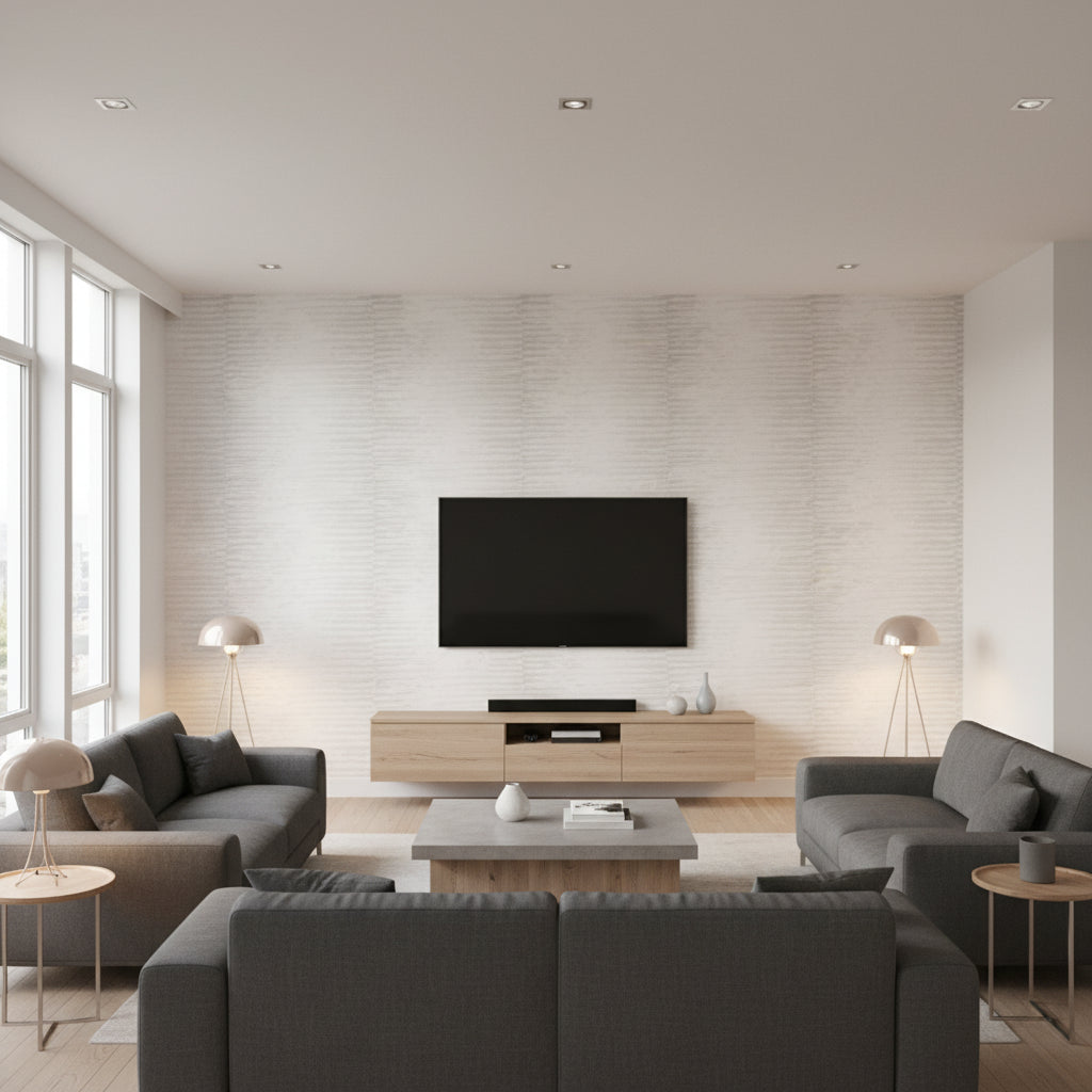 On Water Rip Tide | Architectural Wallcoverings - Living Room Visualization (AI-generated, may not be to scale. Verify pattern scale with product specifications.)