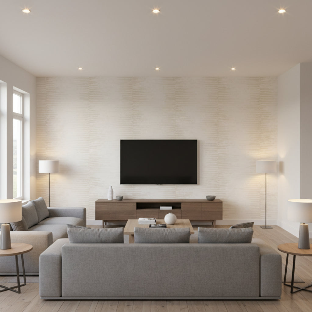 On Water High Noon | Architectural Wallcoverings - Living Room Visualization (AI-generated, may not be to scale. Verify pattern scale with product specifications.)