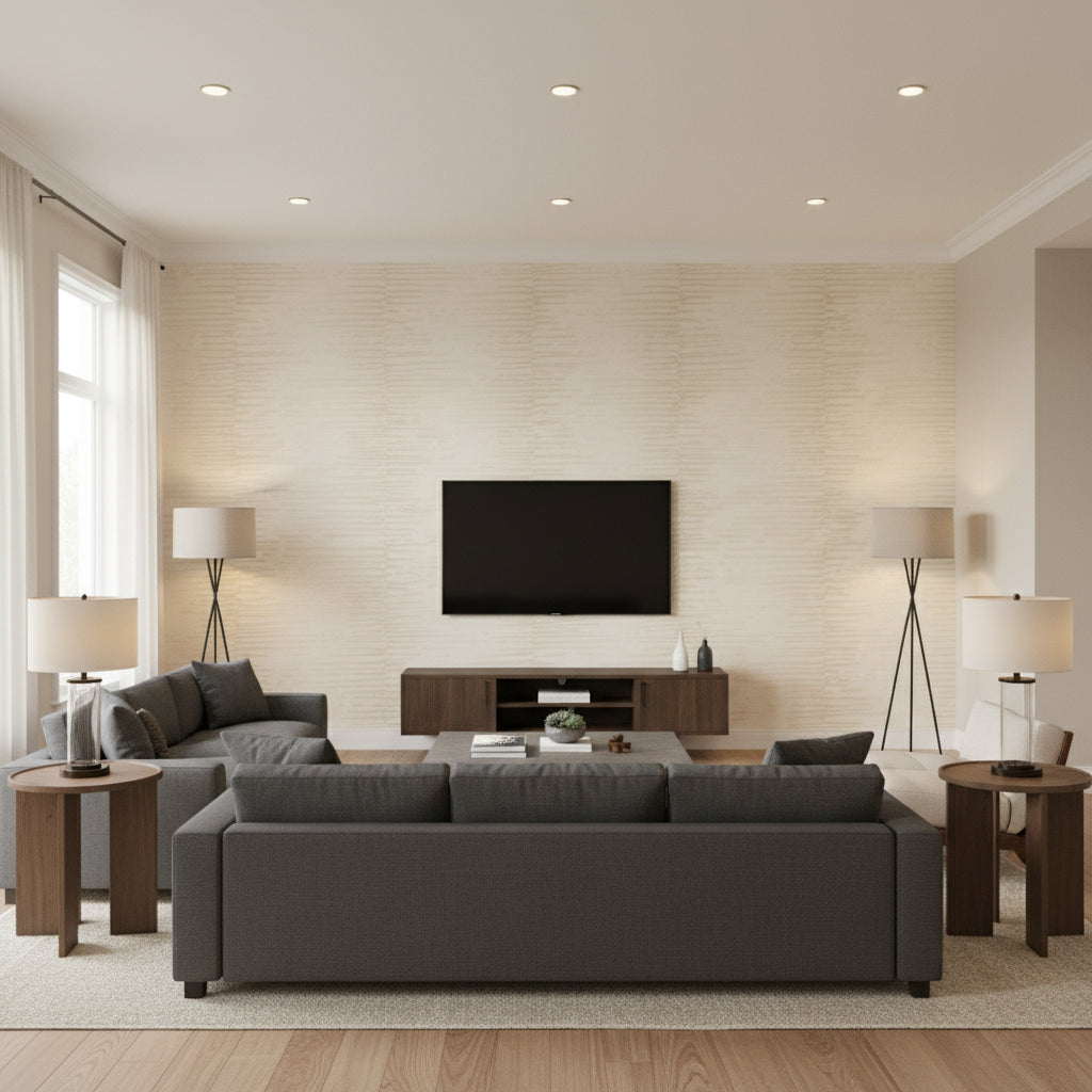 On Water Lagoon At Noon | Architectural Wallcoverings - Living Room Visualization (AI-generated, may not be to scale. Verify pattern scale with product specifications.)