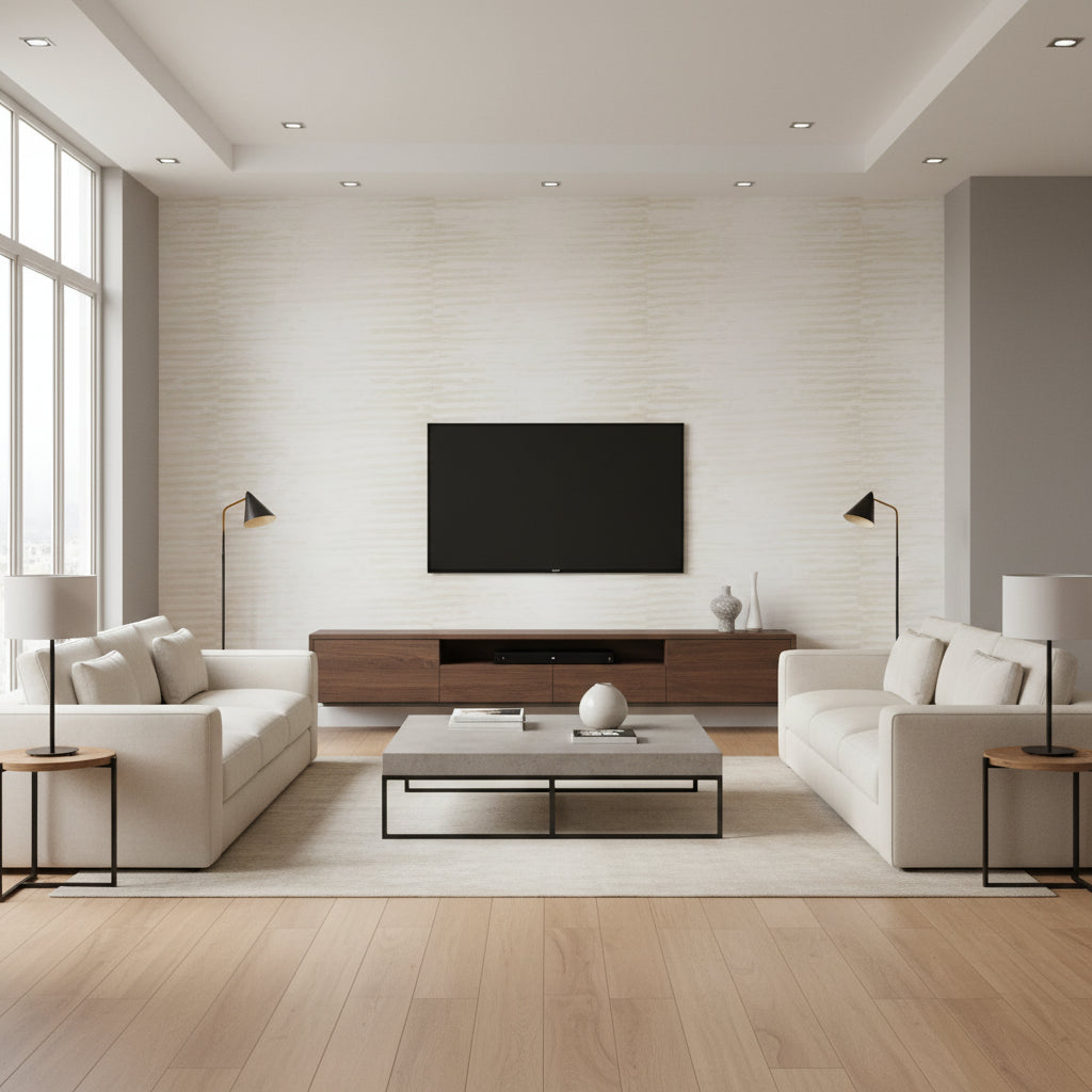 On Water Lighten Up | Architectural Wallcoverings - Living Room Visualization (AI-generated, may not be to scale. Verify pattern scale with product specifications.)