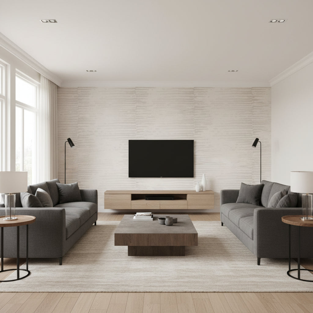 On Water Rain Puddle | Architectural Wallcoverings - Living Room Visualization (AI-generated, may not be to scale. Verify pattern scale with product specifications.)