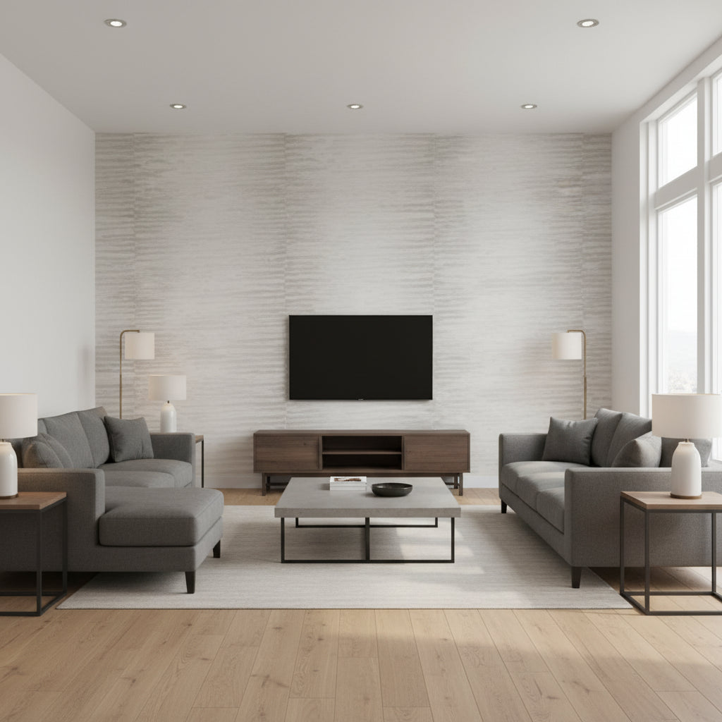 On Water Run Deep | Architectural Wallcoverings - Living Room Visualization (AI-generated, may not be to scale. Verify pattern scale with product specifications.)