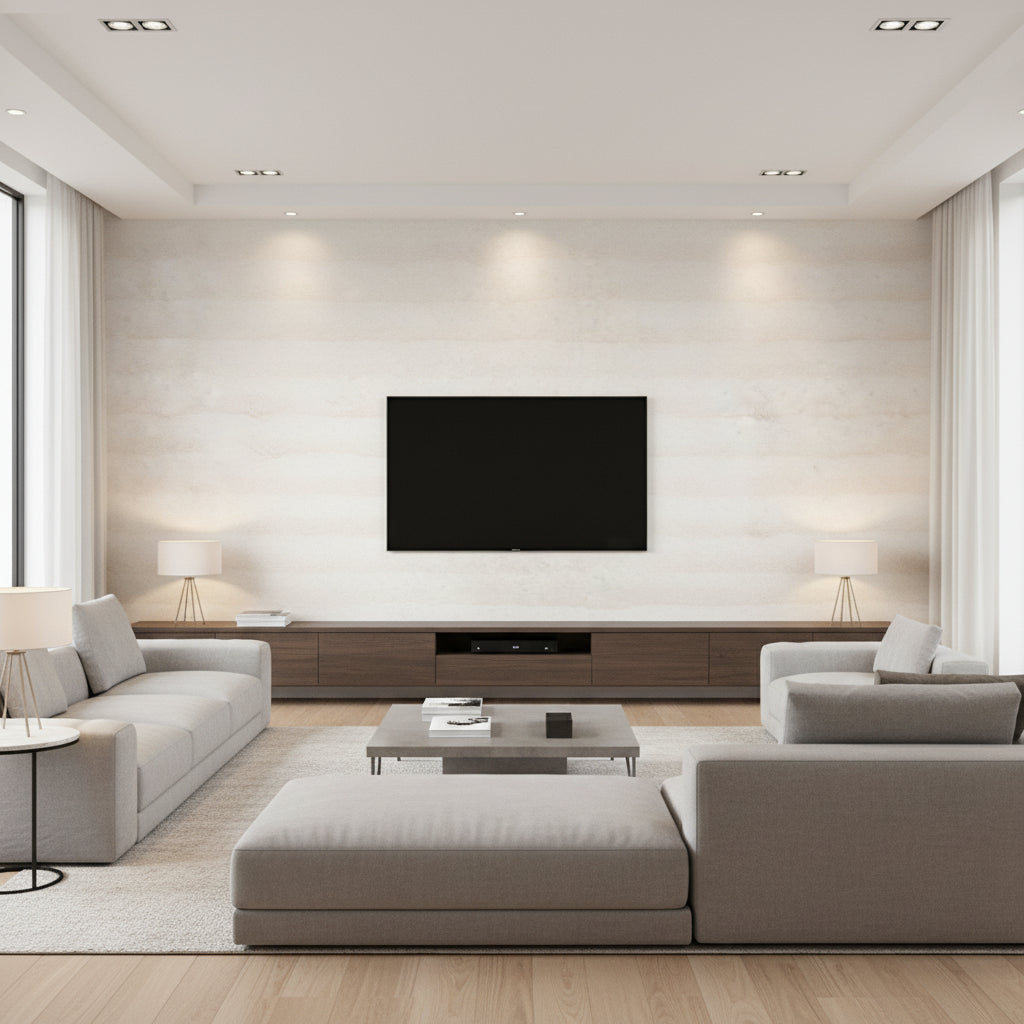 Rammed Earth Cosmos | Architectural Wallcoverings - Living Room Visualization (AI-generated, may not be to scale. Verify pattern scale with product specifications.)