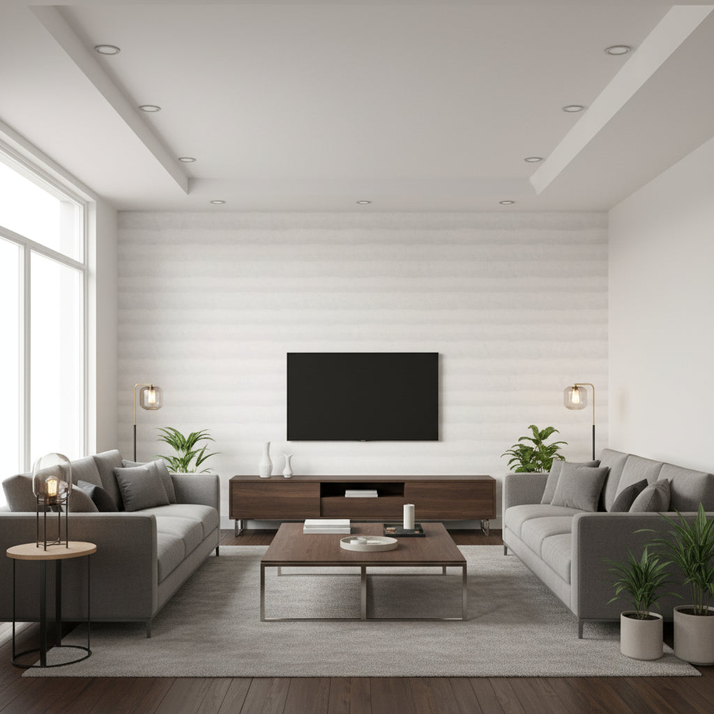 Rammed Earth Glacier | Architectural Wallcoverings - Living Room Visualization (AI-generated, may not be to scale. Verify pattern scale with product specifications.)