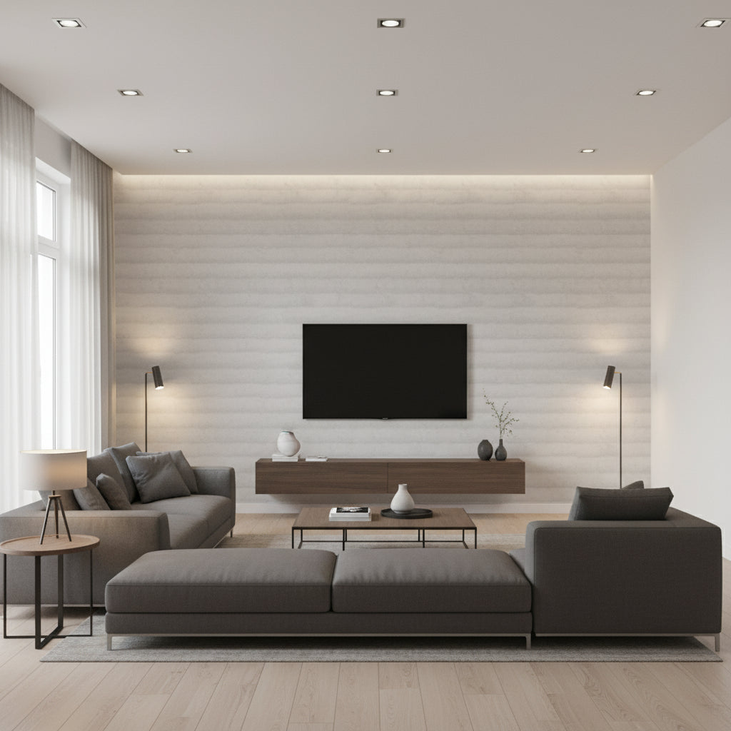 Rammed Earth Crystal | Architectural Wallcoverings - Living Room Visualization (AI-generated, may not be to scale. Verify pattern scale with product specifications.)