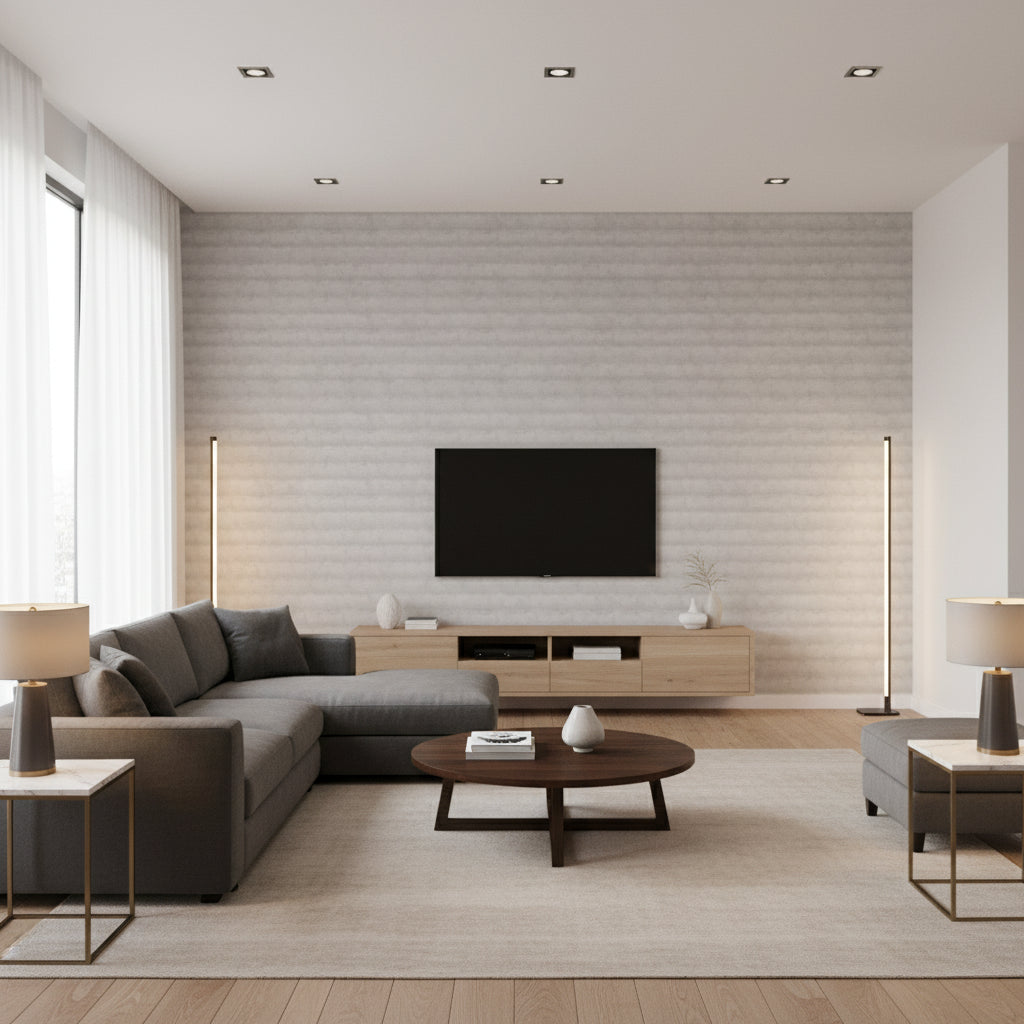 Rammed Earth Creation | Architectural Wallcoverings - Living Room Visualization (AI-generated, may not be to scale. Verify pattern scale with product specifications.)