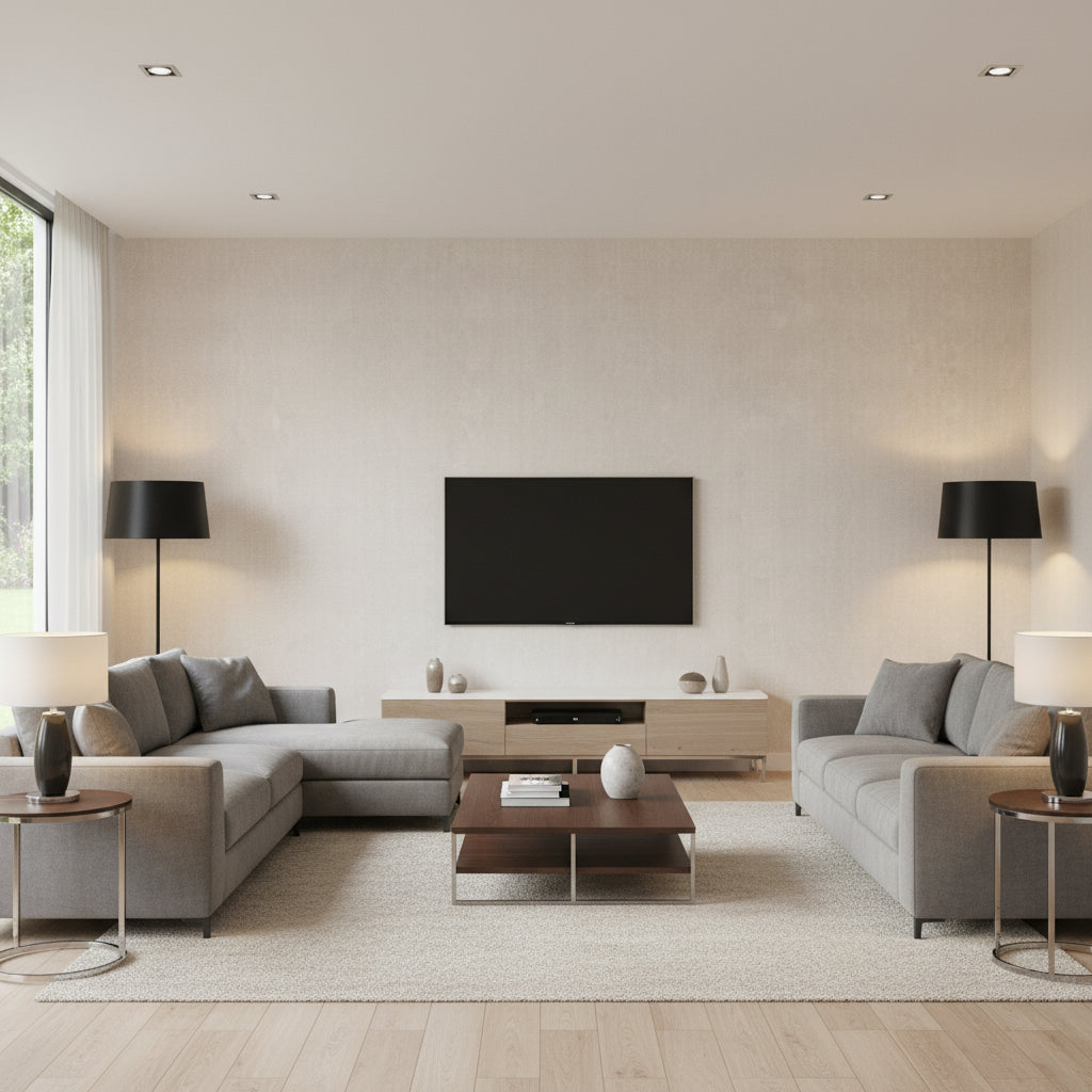Weathered Alloy Breeze | Architectural Wallcoverings - Living Room Visualization (AI-generated, may not be to scale. Verify pattern scale with product specifications.)