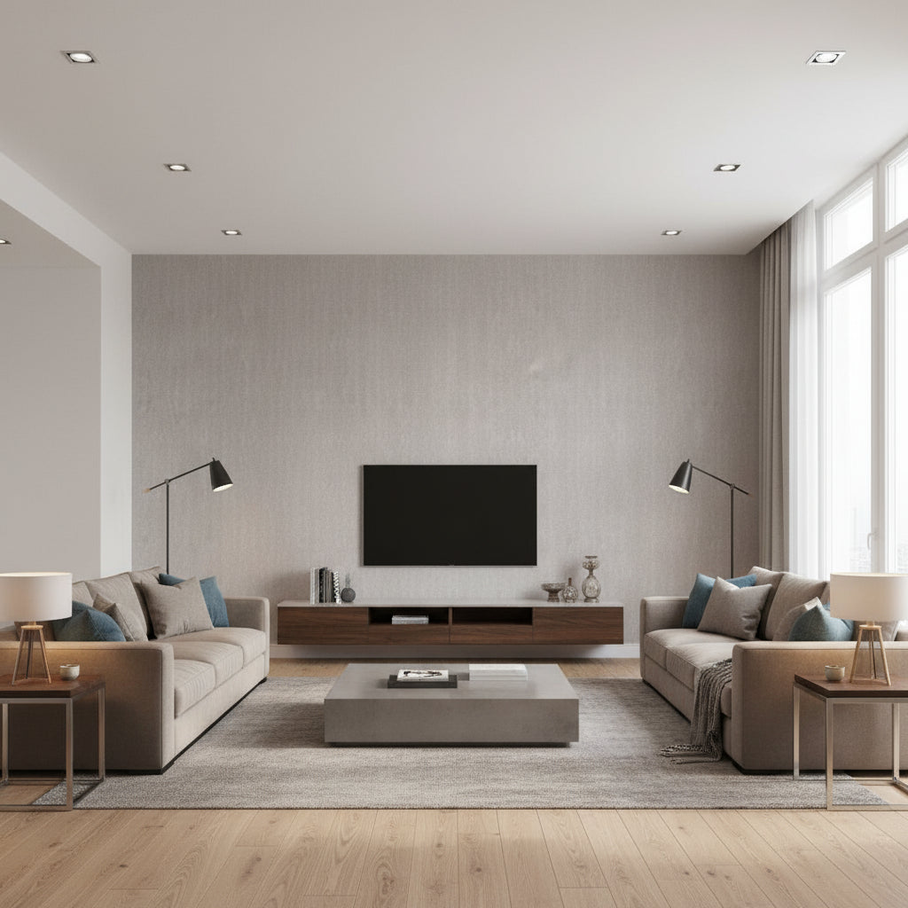 Weathered Alloy Fog | Architectural Wallcoverings - Living Room Visualization (AI-generated, may not be to scale. Verify pattern scale with product specifications.)