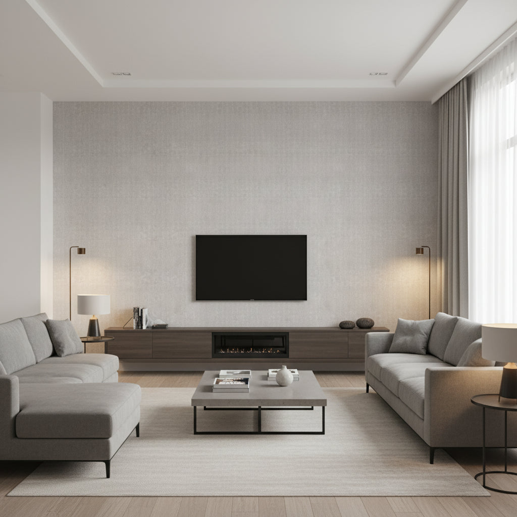 Weathered Alloy Blizzard | Architectural Wallcoverings - Living Room Visualization (AI-generated, may not be to scale. Verify pattern scale with product specifications.)