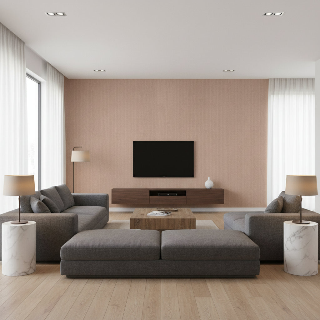 Weathered Alloy Haze | Architectural Wallcoverings - Living Room Visualization (AI-generated, may not be to scale. Verify pattern scale with product specifications.)