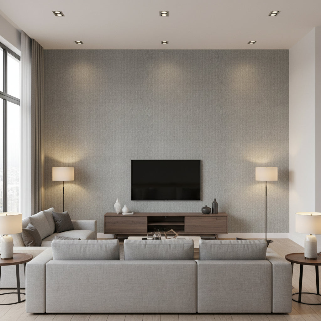 Weathered Alloy Rainfall | Architectural Wallcoverings - Living Room Visualization (AI-generated, may not be to scale. Verify pattern scale with product specifications.)