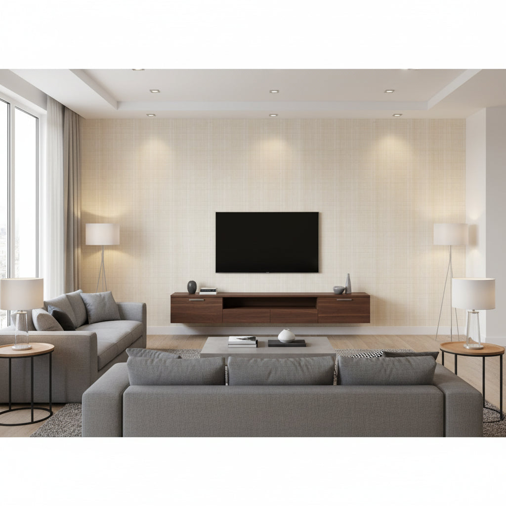 Hariri Kahara | Architectural Wallcoverings - Living Room Visualization (AI-generated, may not be to scale. Verify pattern scale with product specifications.)