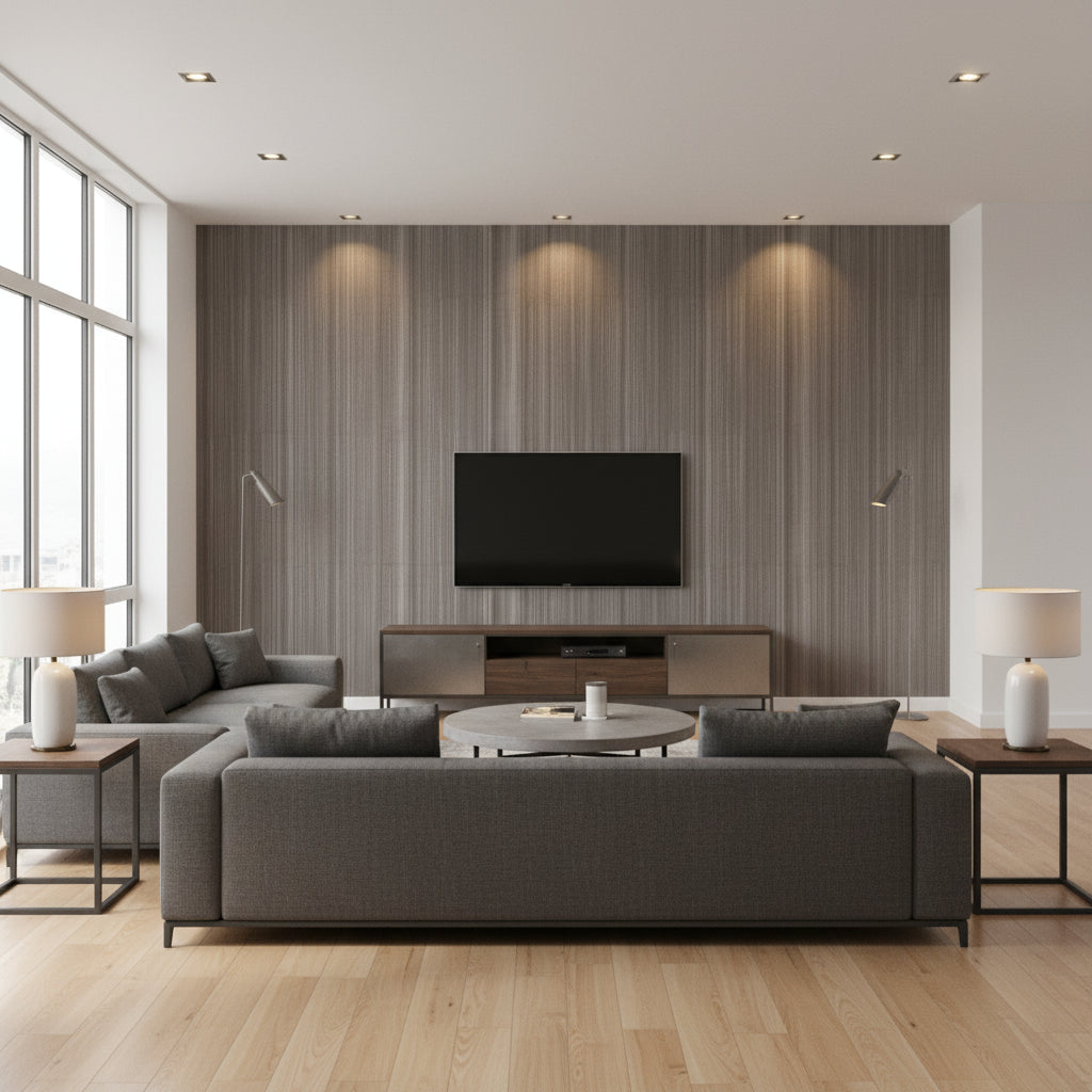 Hariri Giza | Architectural Wallcoverings - Living Room Visualization (AI-generated, may not be to scale. Verify pattern scale with product specifications.)