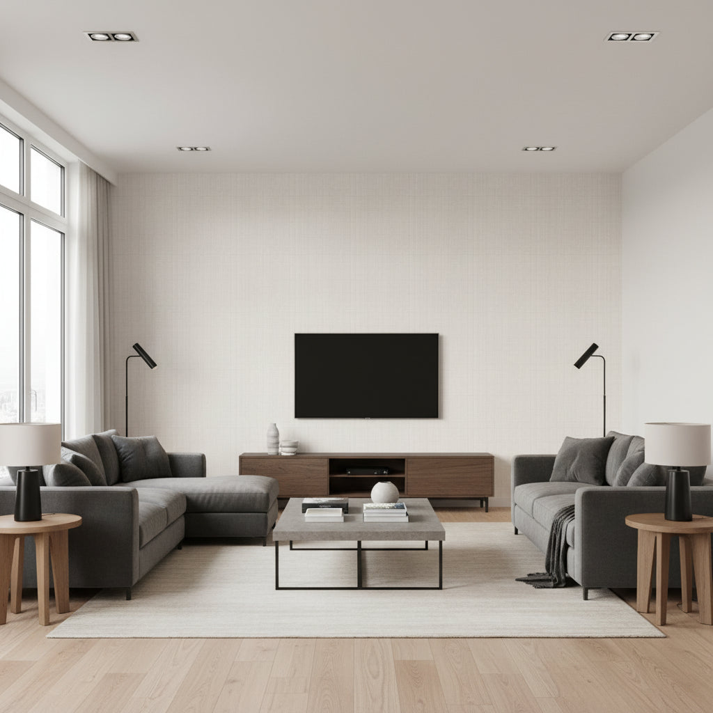 Hariri Kata | Architectural Wallcoverings - Living Room Visualization (AI-generated, may not be to scale. Verify pattern scale with product specifications.)