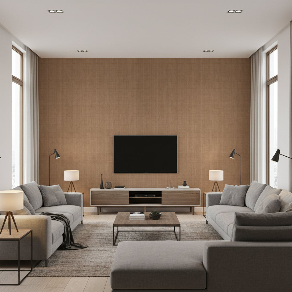 Hariri Kuna | Architectural Wallcoverings - Living Room Visualization (AI-generated, may not be to scale. Verify pattern scale with product specifications.)