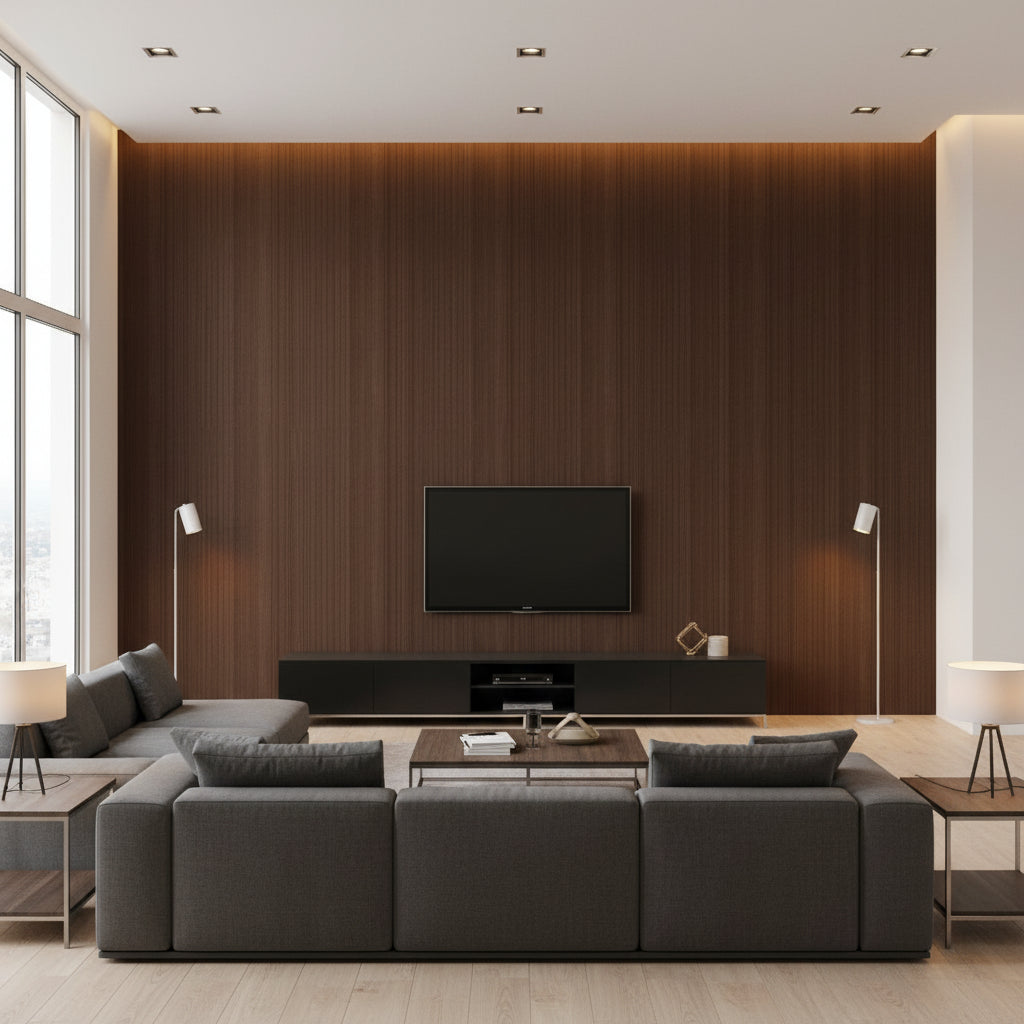 Hariri Shina | Architectural Wallcoverings - Living Room Visualization (AI-generated, may not be to scale. Verify pattern scale with product specifications.)