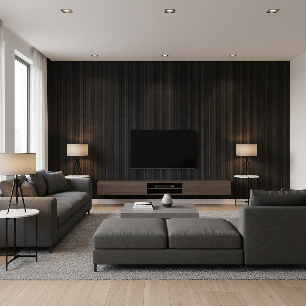 Hariri Kitan Black | Architectural Wallcoverings - Living Room Visualization (AI-generated, may not be to scale. Verify pattern scale with product specifications.)