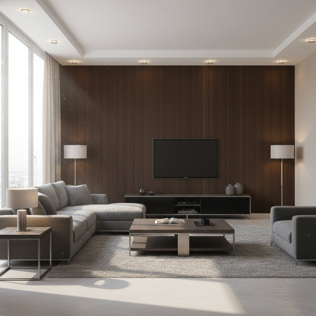 Hariri Shaba Brown | Architectural Wallcoverings - Living Room Visualization (AI-generated, may not be to scale. Verify pattern scale with product specifications.)