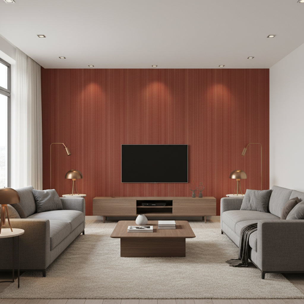 Hariri Moto Red-brown | Architectural Wallcoverings - Living Room Visualization (AI-generated, may not be to scale. Verify pattern scale with product specifications.)
