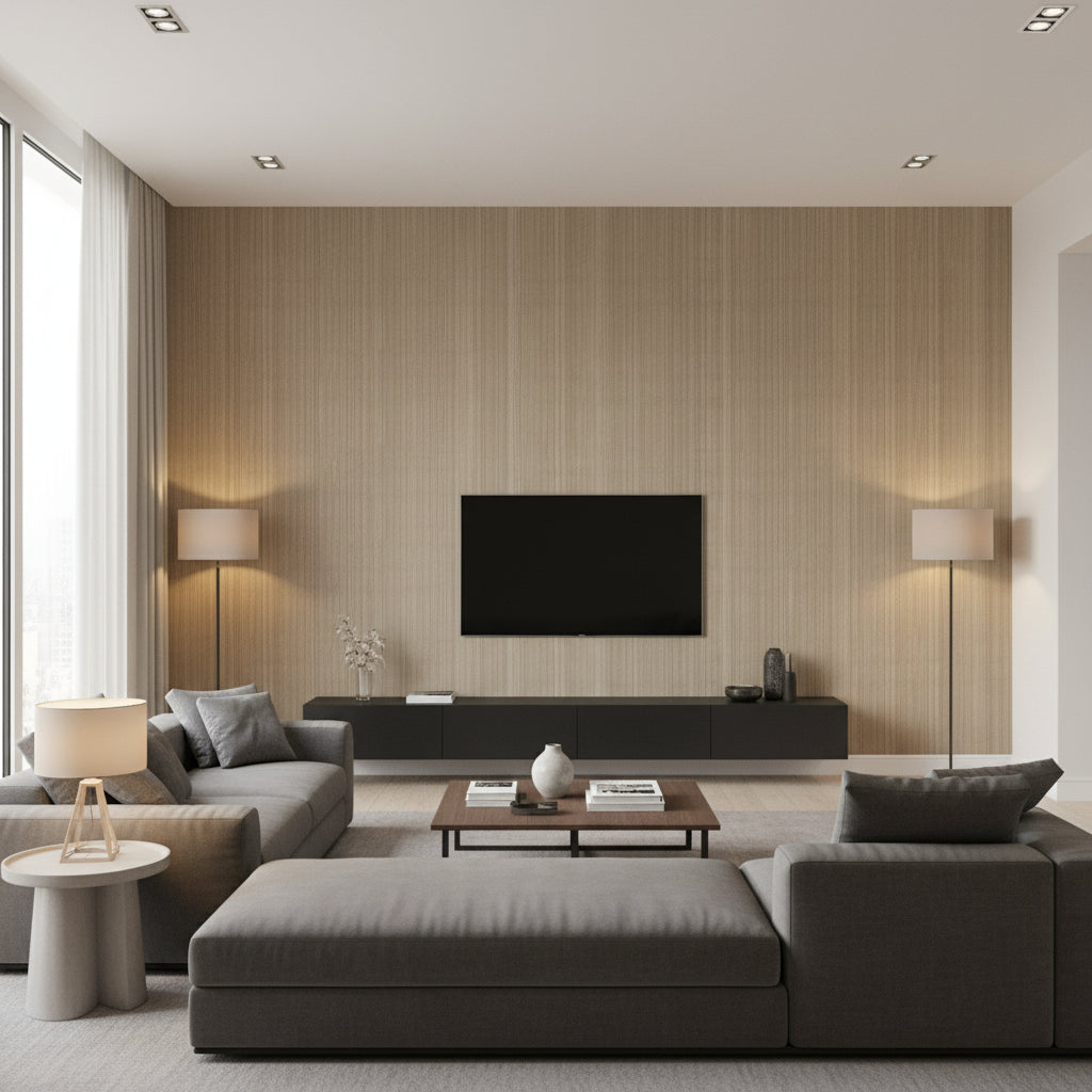 Hariri Pamba Beige | Architectural Wallcoverings - Living Room Visualization (AI-generated, may not be to scale. Verify pattern scale with product specifications.)