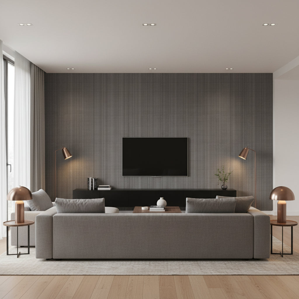 Hariri Chuma Gray | Architectural Wallcoverings - Living Room Visualization (AI-generated, may not be to scale. Verify pattern scale with product specifications.)