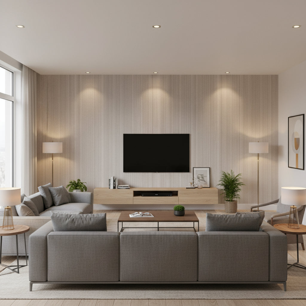 Hariri Wazi Beige | Architectural Wallcoverings - Living Room Visualization (AI-generated, may not be to scale. Verify pattern scale with product specifications.)