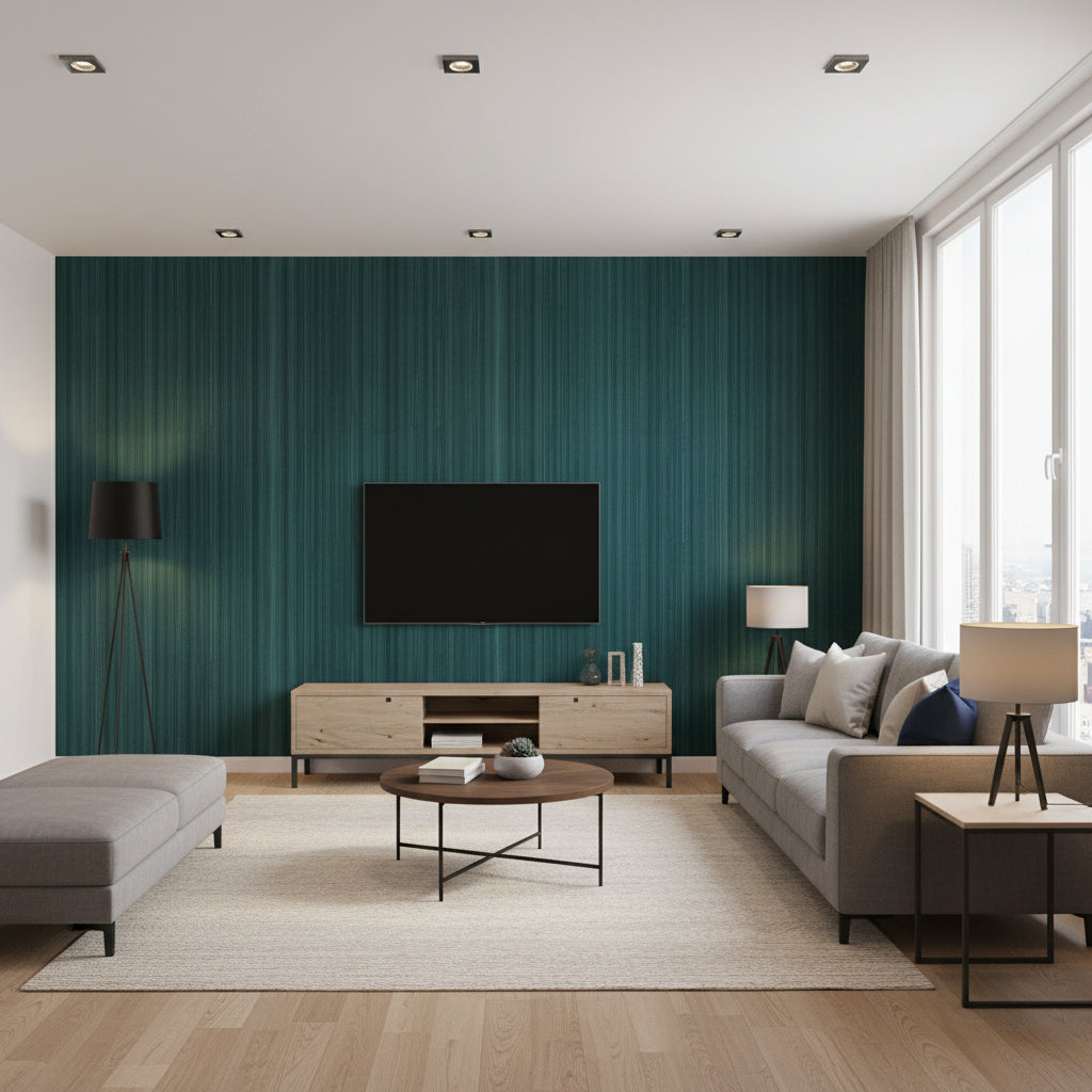 Hariri Amanzi Teal | Architectural Wallcoverings - Living Room Visualization (AI-generated, may not be to scale. Verify pattern scale with product specifications.)