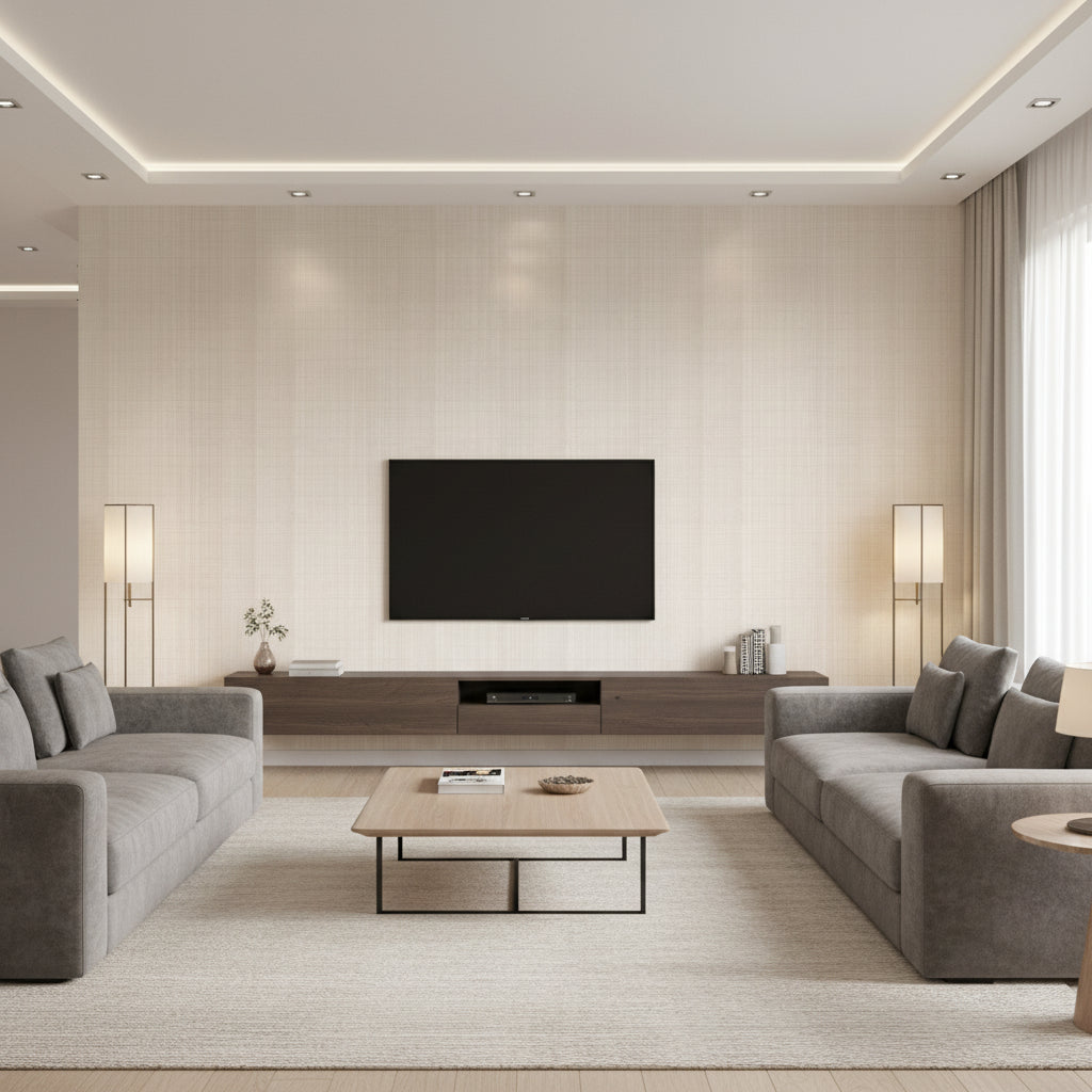 Hariri Stripe Wavu Stripe Beige | Architectural Wallcoverings - Living Room Visualization (AI-generated, may not be to scale. Verify pattern scale with product specifications.)