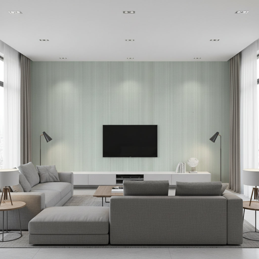 Hariri Stripe Tamu Stripe Light Gray | Architectural Wallcoverings - Living Room Visualization (AI-generated, may not be to scale. Verify pattern scale with product specifications.)