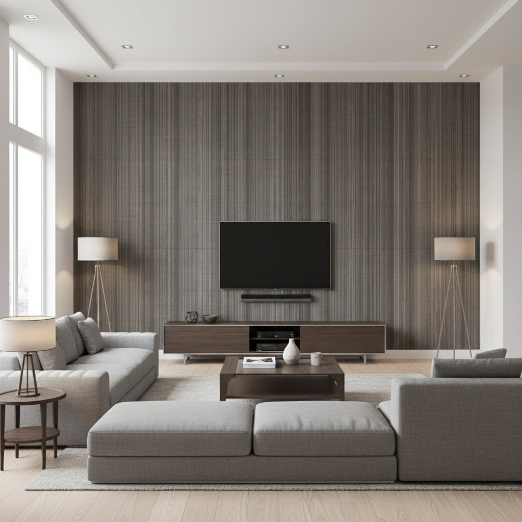 Hariri Stripe Giza Stripe Gray | Architectural Wallcoverings - Living Room Visualization (AI-generated, may not be to scale. Verify pattern scale with product specifications.)