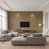 Hariri Stripe Kamba Stripe Brown | Architectural Wallcoverings - Living Room Visualization (AI-generated, may not be to scale. Verify pattern scale with product specifications.)