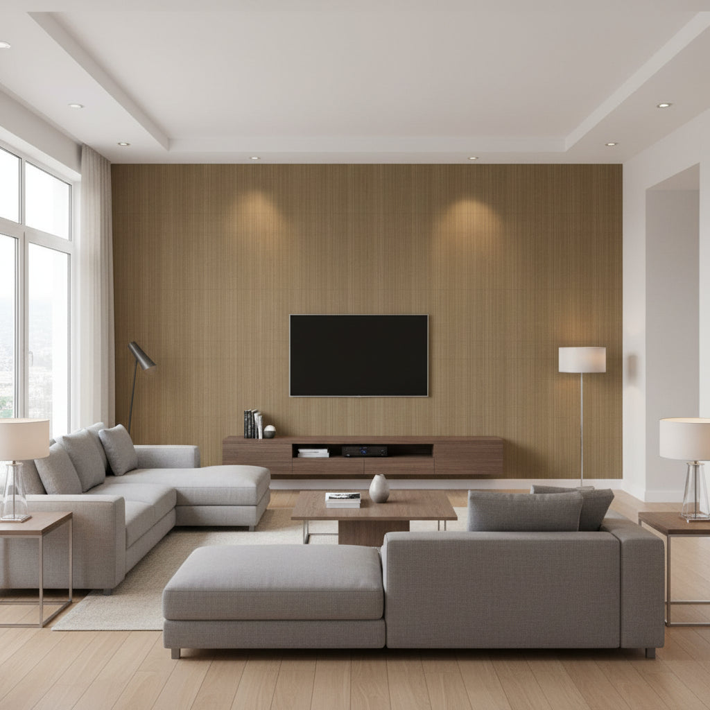 Hariri Stripe Kamba Stripe Brown | Architectural Wallcoverings - Living Room Visualization (AI-generated, may not be to scale. Verify pattern scale with product specifications.)