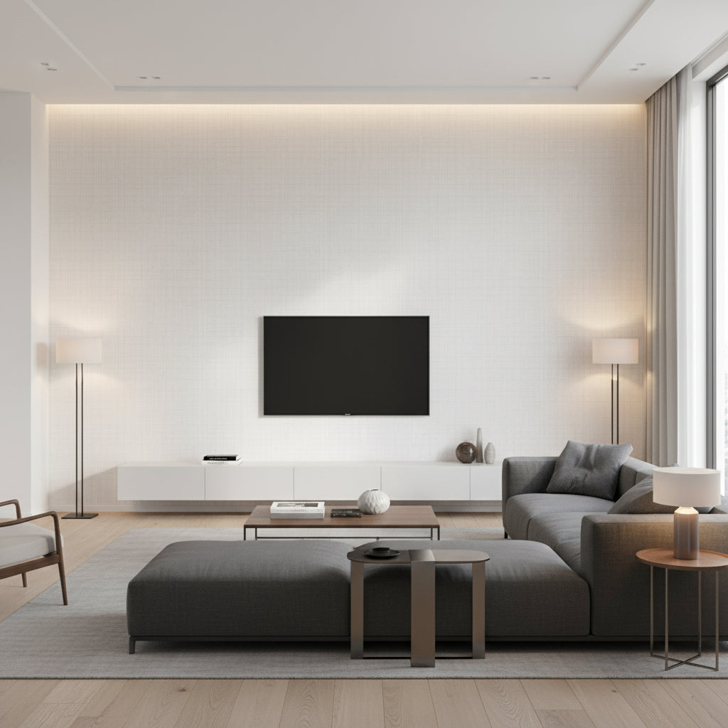Hariri Stripe Kata Stripe White | Architectural Wallcoverings - Living Room Visualization (AI-generated, may not be to scale. Verify pattern scale with product specifications.)