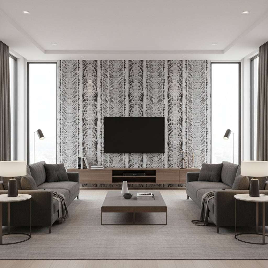 Trail Granite Gray | Architectural Wallcoverings - Living Room Visualization (AI-generated, may not be to scale. Verify pattern scale with product specifications.)