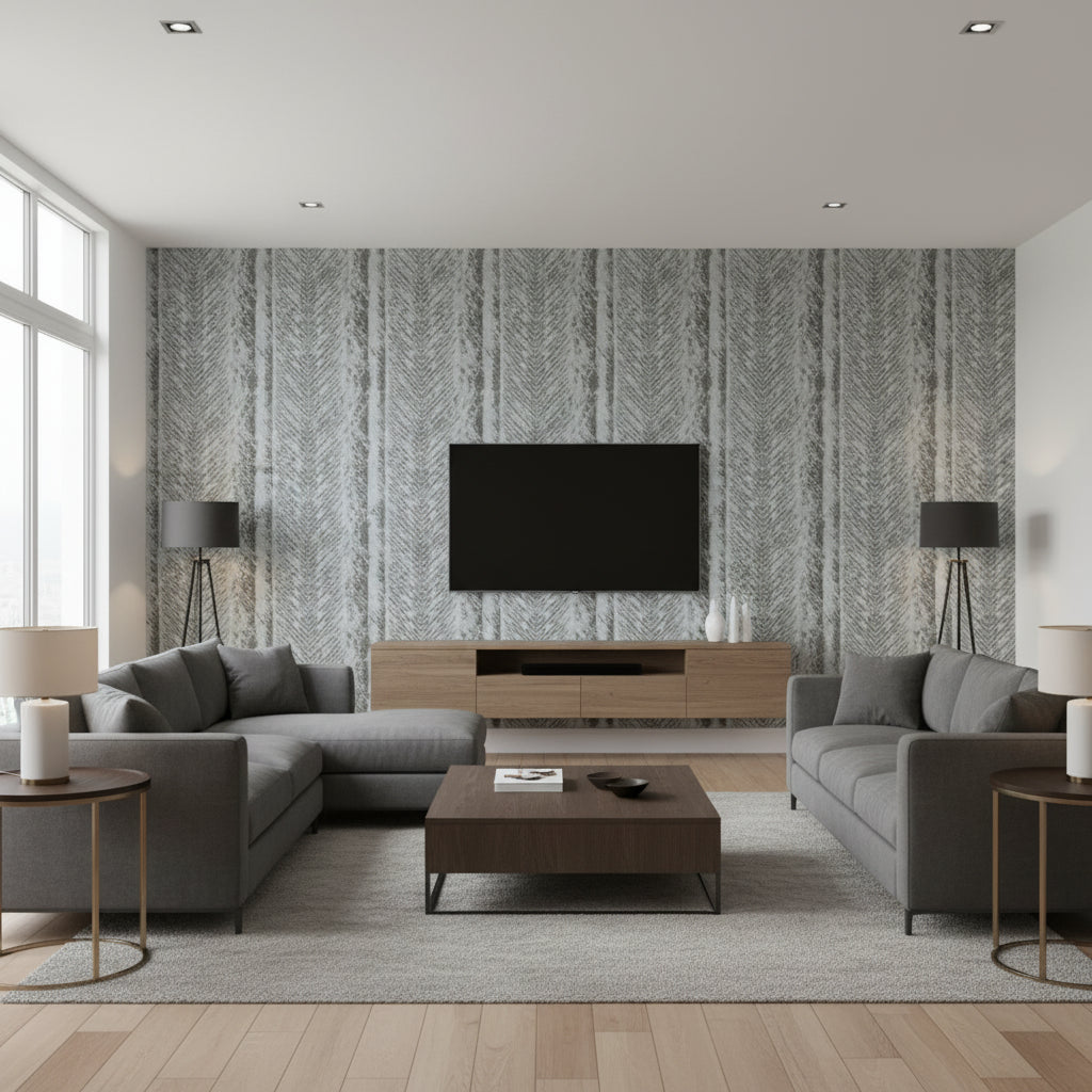 Trail Creek Gray | Architectural Wallcoverings - Living Room Visualization (AI-generated, may not be to scale. Verify pattern scale with product specifications.)