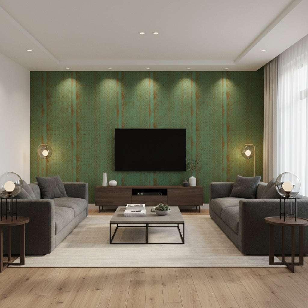 Trail Spruce Green | Architectural Wallcoverings - Living Room Visualization (AI-generated, may not be to scale. Verify pattern scale with product specifications.)