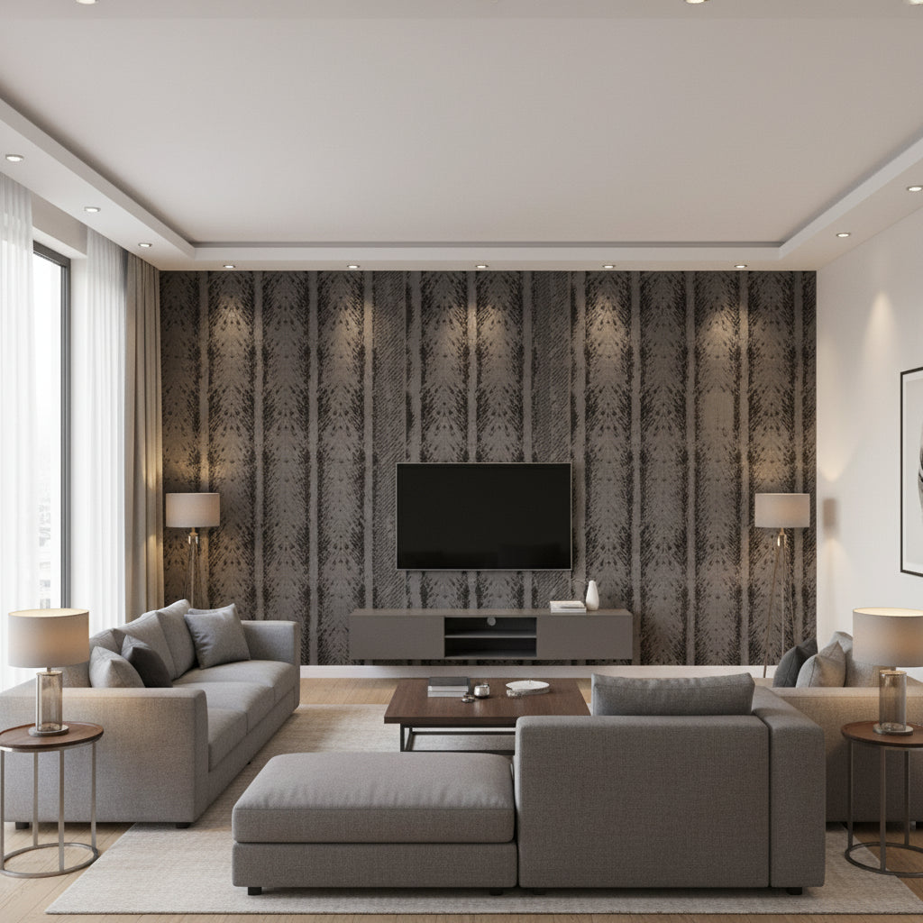 Trail Basalt Gray | Architectural Wallcoverings - Living Room Visualization (AI-generated, may not be to scale. Verify pattern scale with product specifications.)