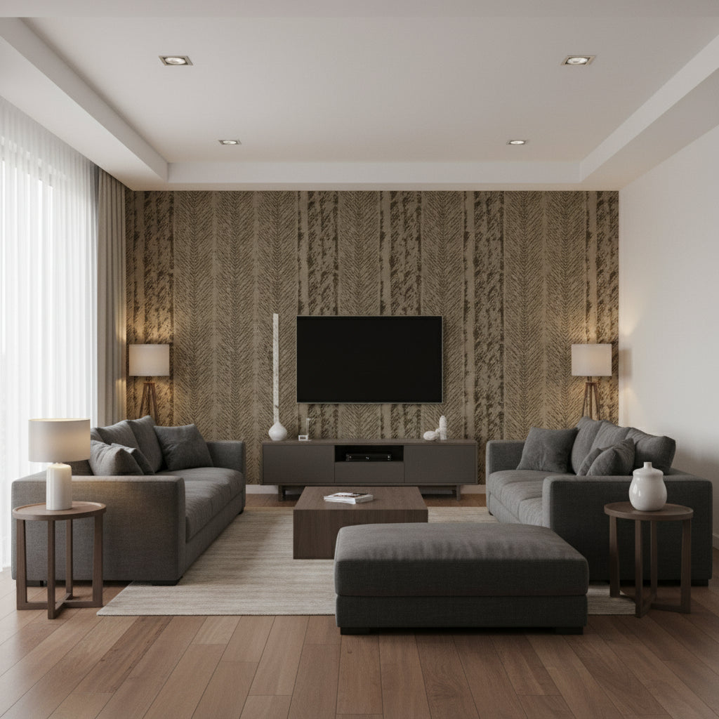 Trail Core Brown | Architectural Wallcoverings - Living Room Visualization (AI-generated, may not be to scale. Verify pattern scale with product specifications.)