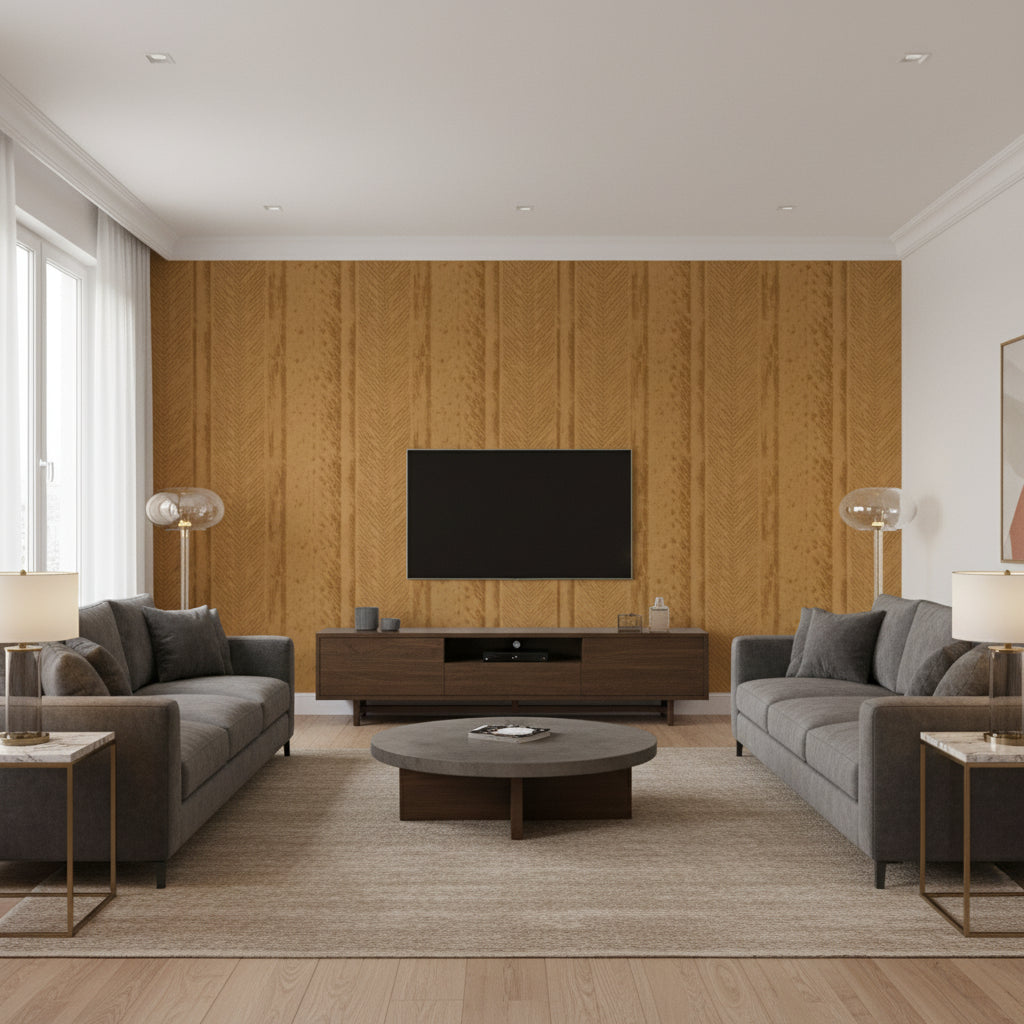 Trail Hansa Brown | Architectural Wallcoverings - Living Room Visualization (AI-generated, may not be to scale. Verify pattern scale with product specifications.)