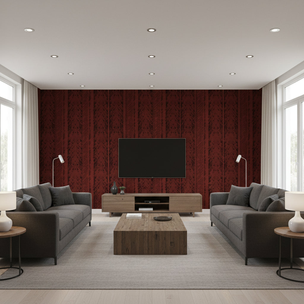 Trail Russet Red-brown | Architectural Wallcoverings - Living Room Visualization (AI-generated, may not be to scale. Verify pattern scale with product specifications.)