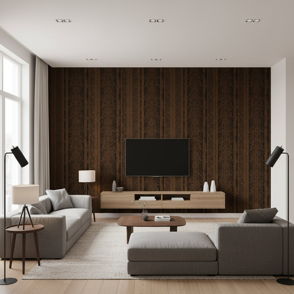 Trail Bark Brown | Architectural Wallcoverings - Living Room Visualization (AI-generated, may not be to scale. Verify pattern scale with product specifications.)