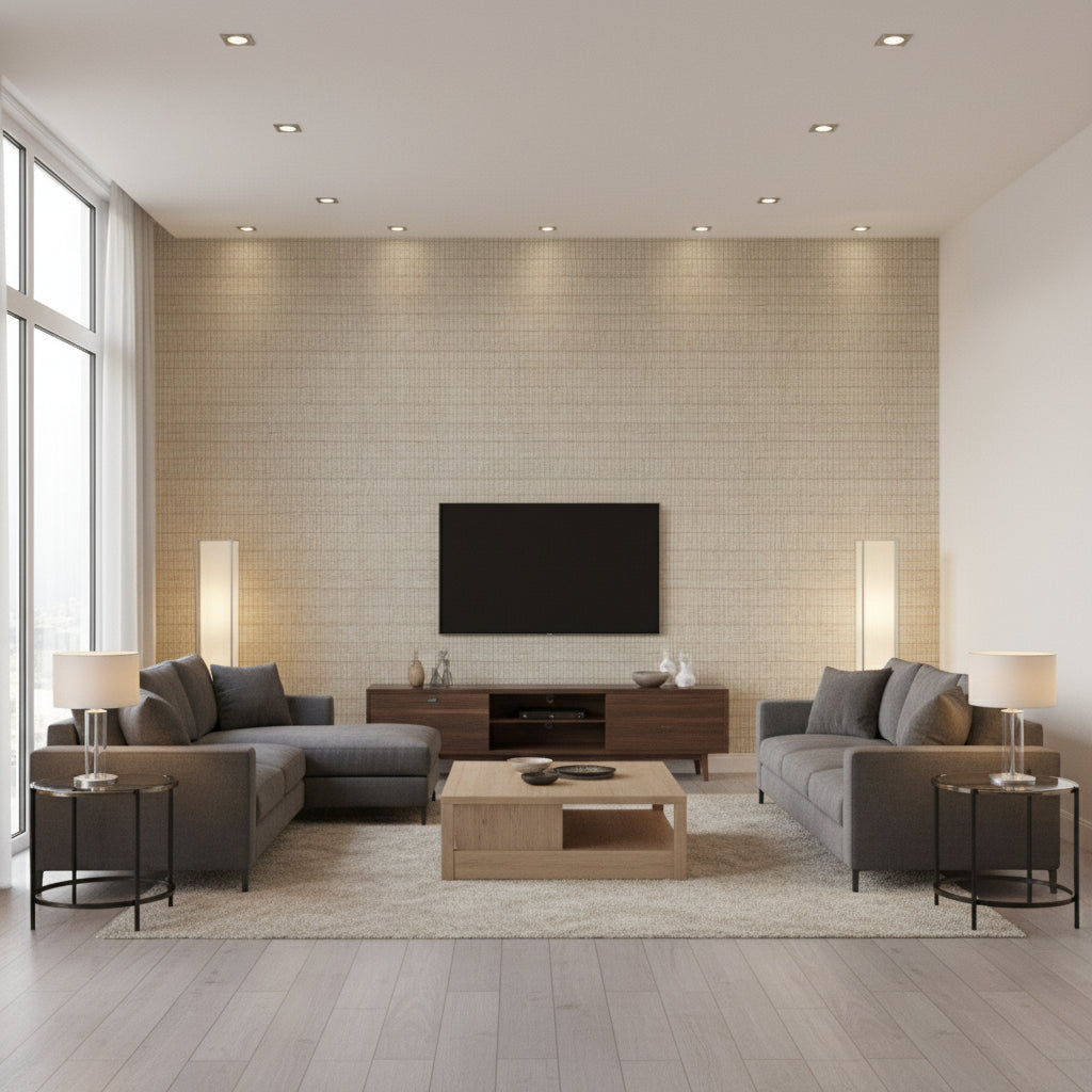 Rake Suna Beige | Architectural Wallcoverings - Living Room Visualization (AI-generated, may not be to scale. Verify pattern scale with product specifications.)