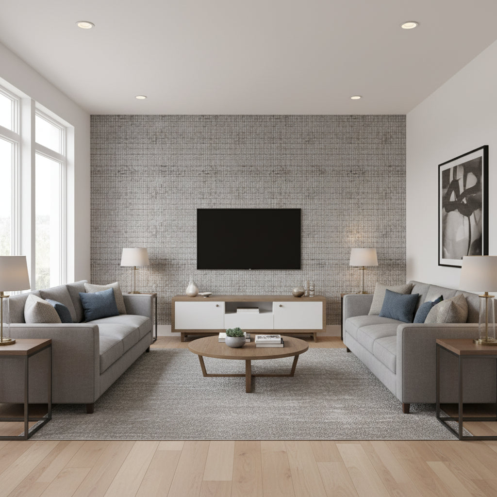 Rake Ishi Gray | Architectural Wallcoverings - Living Room Visualization (AI-generated, may not be to scale. Verify pattern scale with product specifications.)