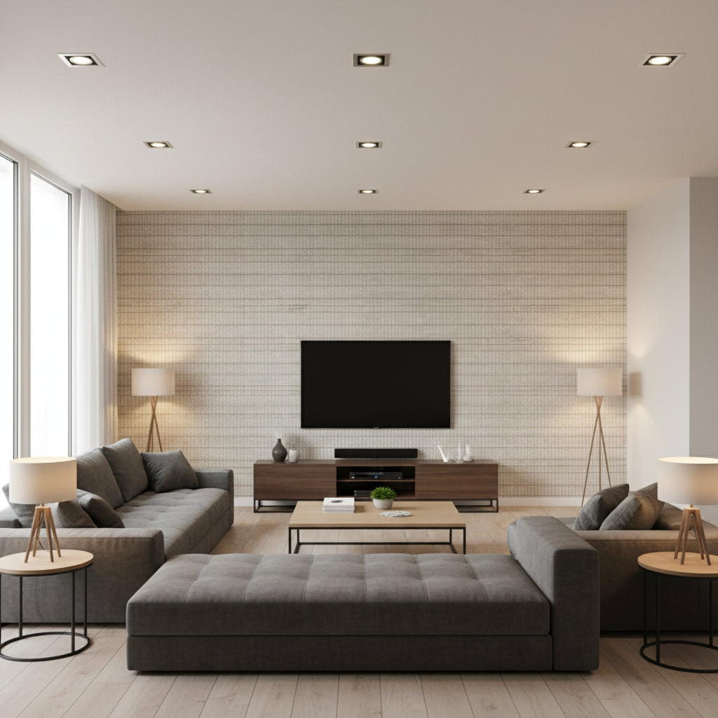 Rake Shiro Beige | Architectural Wallcoverings - Living Room Visualization (AI-generated, may not be to scale. Verify pattern scale with product specifications.)
