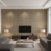 Rake Uroko Brown | Architectural Wallcoverings - Living Room Visualization (AI-generated, may not be to scale. Verify pattern scale with product specifications.)