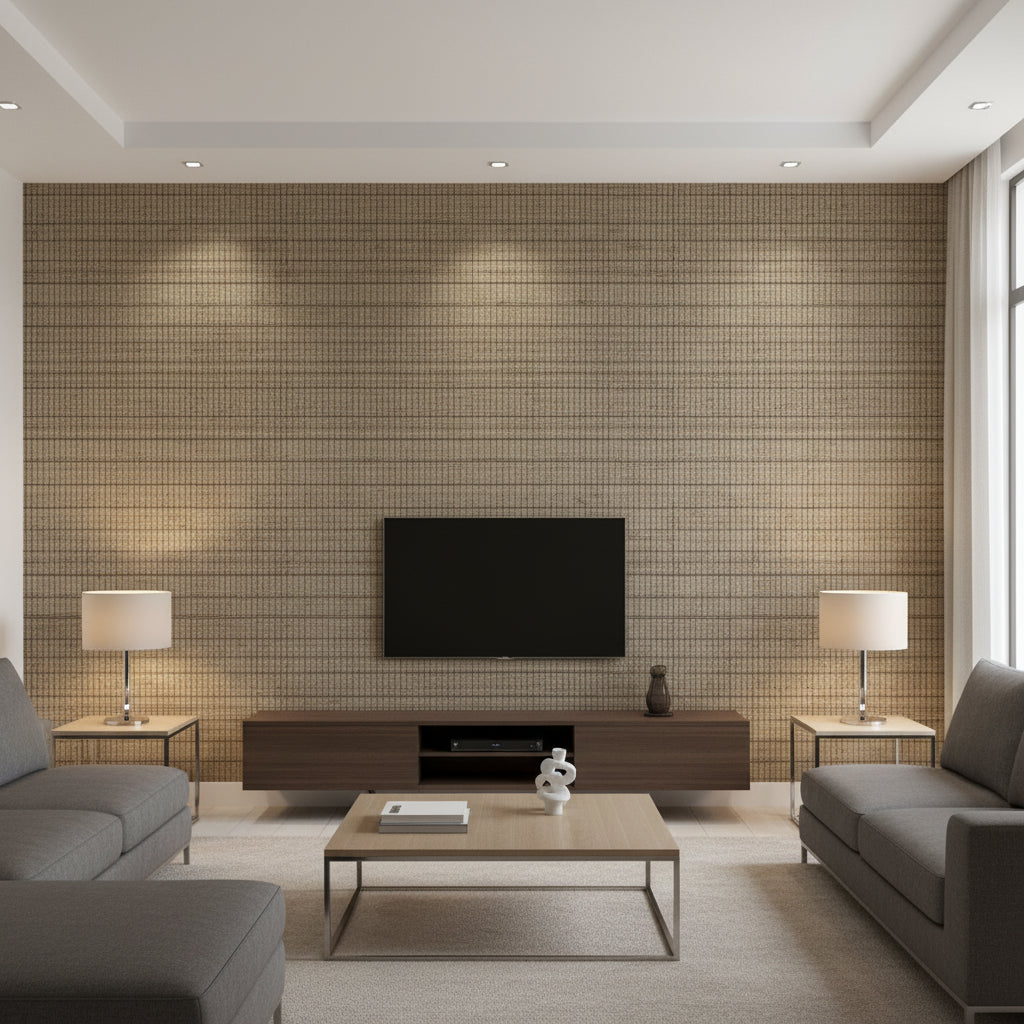 Rake Uroko Brown | Architectural Wallcoverings - Living Room Visualization (AI-generated, may not be to scale. Verify pattern scale with product specifications.)