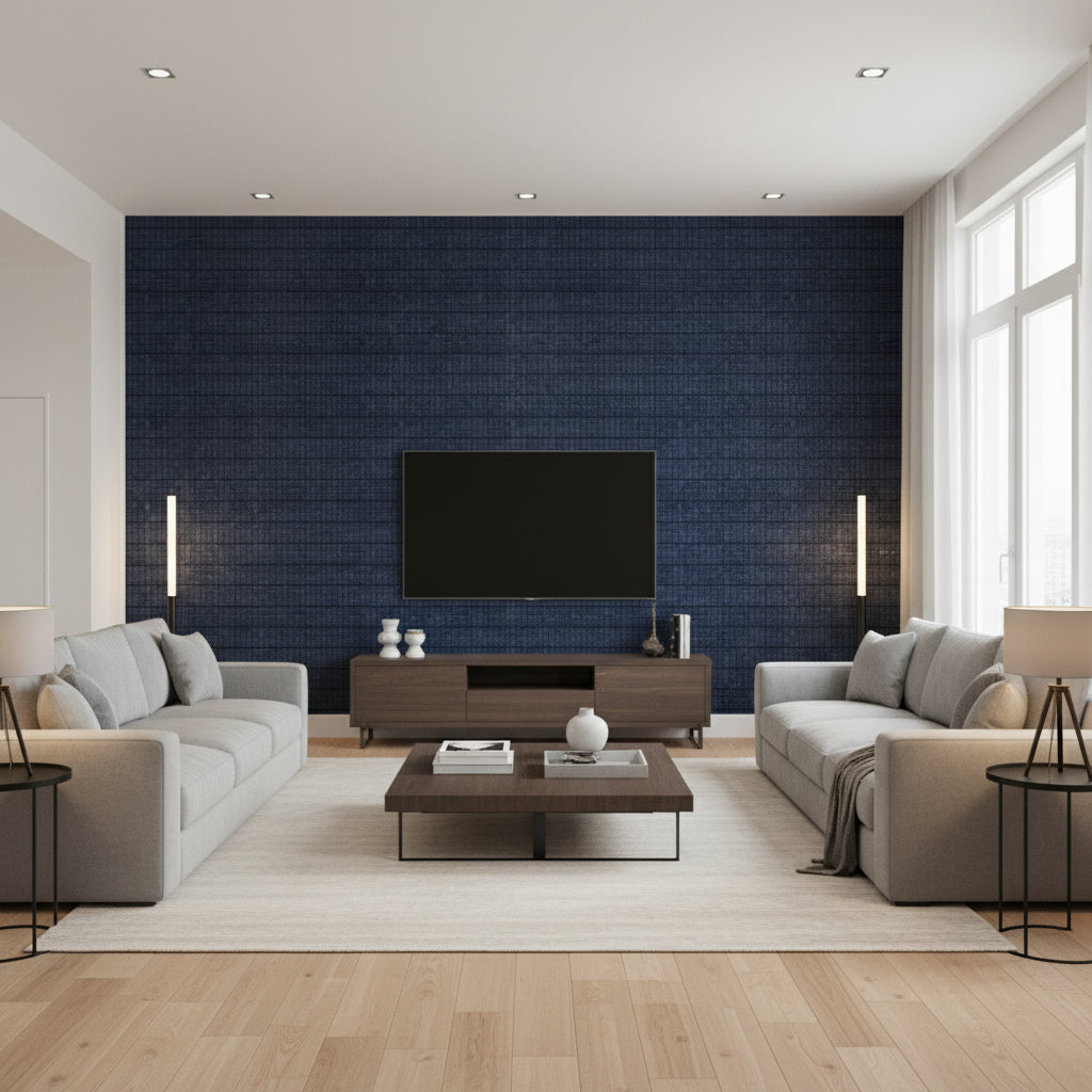 Rake Umi Blue | Architectural Wallcoverings - Living Room Visualization (AI-generated, may not be to scale. Verify pattern scale with product specifications.)