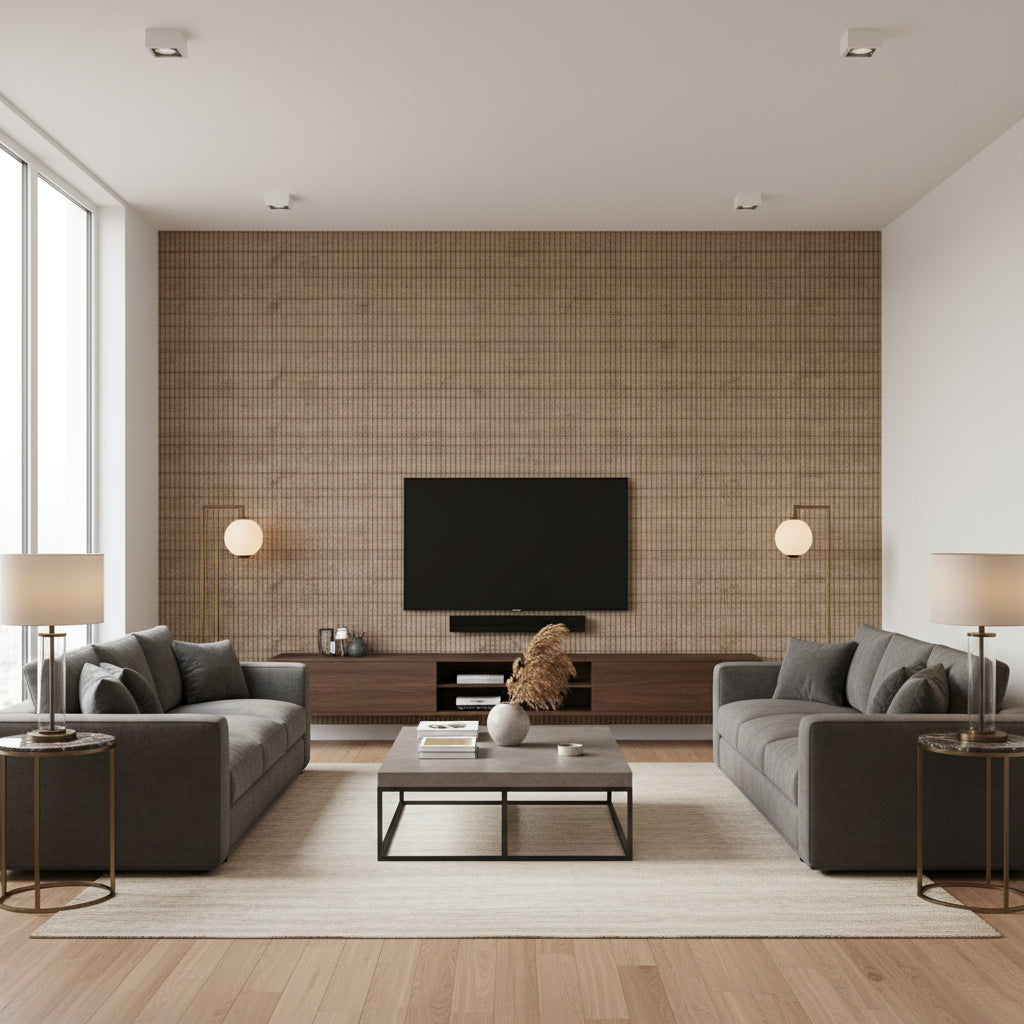 Rake Tatami Beige | Architectural Wallcoverings - Living Room Visualization (AI-generated, may not be to scale. Verify pattern scale with product specifications.)