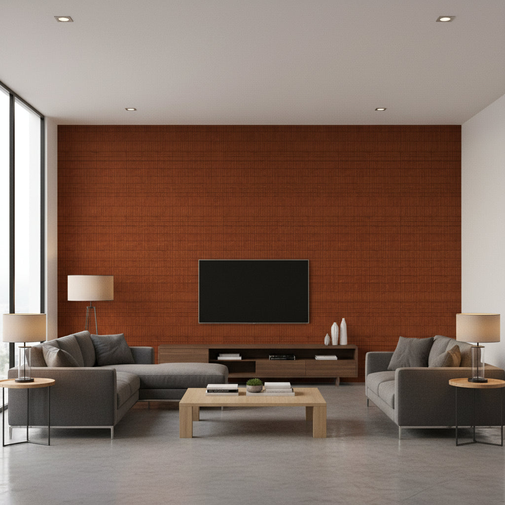 Rake Aki Brown | Architectural Wallcoverings - Living Room Visualization (AI-generated, may not be to scale. Verify pattern scale with product specifications.)